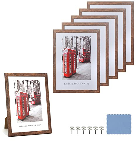 8.5x11 Picture Frame Set of 6, Certificate Document Frame Set with Display Box, Rustic Style Antique Brown Wood Grain Photo Frame Suitable for Desktop Display and Wall Decoration.