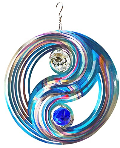 FONMY Mandala Wind Spinner w/Crystal Ball-Fengshui 3D Stainless Steel Hanging Spinners Worth Gift Christmas Decoration Indoor/Outdoor Garden Décor Kinetic Yard Art 12 Inches Wind Sculpture