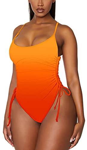 Viottiset Women's Drawstring One Piece Swimsuit Tummy Control High Cut Cheeky Bathing Suit Monokini Gradient Orange L
