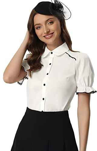 Allegra K Vintage Peter Pan Collar Blouse for Women's 2023 Short Sleeve Button Down Shirt White M