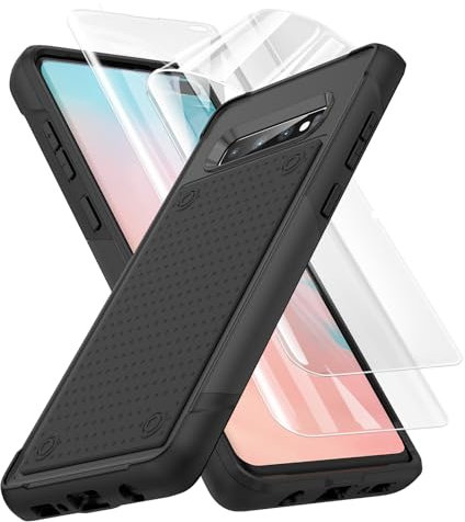 Jeylly Compatible with Galaxy S10 Plus Case and 2 x Soft TPU Screen Protector, Heavy Duty Drop Shockproof Protection Hard Back Cover Hybrid Protective Cell Phone Case for Samsung Galaxy S10+, Black