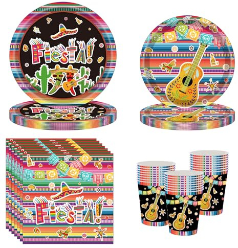 Mexican Themed Fiesta Party Tablewares, 68Pcs Mexican Carnival Party Paper Plates Napkins Cups Mexican Party Supplies, Mexican Fiesta Party Decoration for Mexican Theme Party, Cinco de Mayo, Serves 16