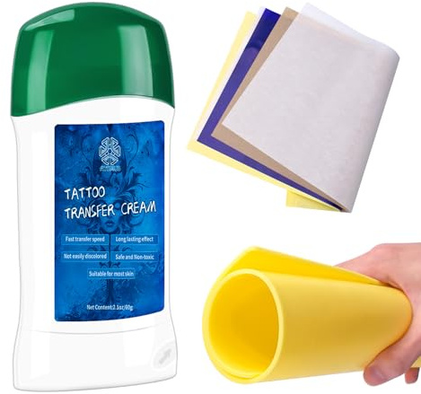 ATOMUS Tattoo Transfer gel Balm Set de 60 g de crème de pochoir de tatouage 5 feuilles de papier de transfert amélioré et 3 mm de peau de pratique de tatouage