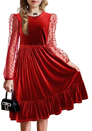 Arshiner Abito da Ragazza in Velluto a Maniche Lunghe Abito da Festa Abito a Linea A Swing Abito con Volant Abito da Festa Abito da Principessa Abito di Natale per Bambini con Tasca 6-13 Anni