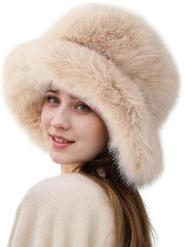 Women's Winter Faux Fur Fuzzy Warm Bucket Hat Furry Fisherman Plush Hats for Women (Khaki)