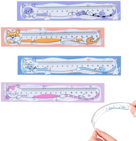 SULIUDAJI 4 Pièces Regle 15cm, Règle Souple Pliable,PVC, Flexible,Motif de Chat, Regle pour Enfants et adultes, étudiants, école, Salle de Classe, Bureau