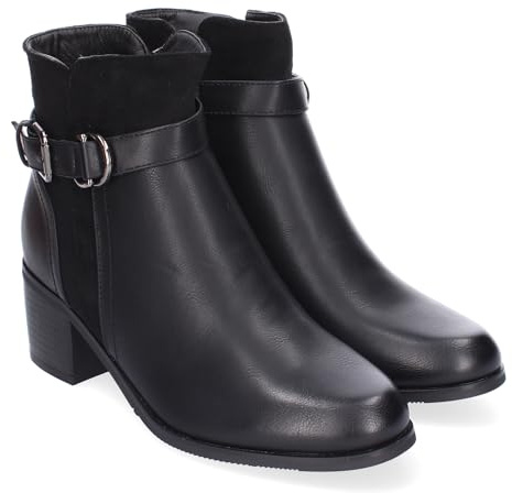 shoes&blues.es 86636 Botines de Tacon para Mujer, Comodos y Elegantes con Detalle de Hebilla, Punta Redonda y Cierre de Cremallera Lateral, Ideales para Otono-Invierno. Negro Talla 36