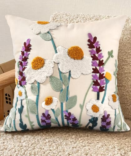 Kokaaee Embroidered Throw Pillow Cover - 18x18 Decorative Pillow Cover with Zipper Aesthetic Cute Design Boho Spring Summer Throw Pillowcase for Living Room Couch Sofa Bed, Wild Floral