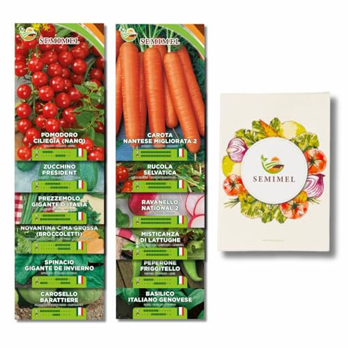 SEMIMEL Semi Piante Set Kit Giardinaggio 12 Varietà di Erbe Giardino Cucina Orto Coltivazione Basilico Rucola Peperone Friggitello Pomodoro