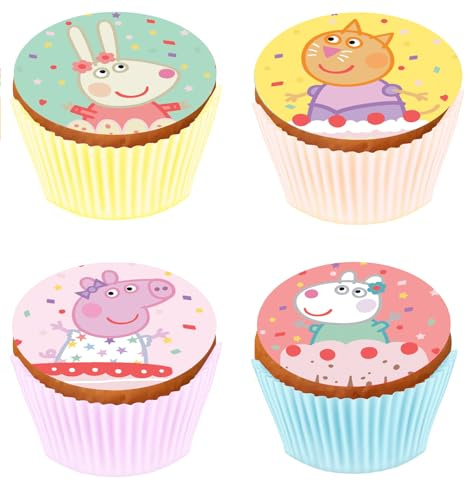 Kardasis Peppa Pig Cupcake Topper Muffin Dekoration | Ätbar topper för kakor och cupcakes | Peppa Pig-tema födelsedagstårtdekoration | 5,3 cm + 12 stycken