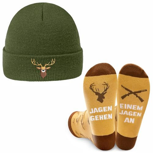 ZJKUBOIS Jäger Geschenke,Jagd geschenke Strickmütze Socken Set, Jagdzubehör Einheitsgröße Mütze mit Hochwertige Hirschkopf Stickereien, Jagdsocken, Winter Jagdbekleidung, Jagd Ausrüstung für Männer