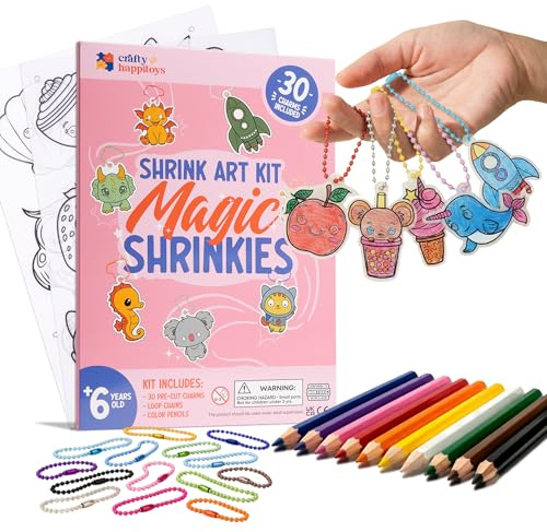 Shrink Art Sheets - Craft Kit for Kids - Shrink Plastic Sheets with 30 Pre Cut Charms - DIY Jewelry Making & Keychain Activity - Shrinky Kit 70pc - Art and Craft for Kids - 5 6 7 8 Year Old Girl Gifts