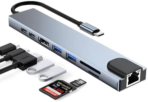 Hub USB Tipo C, 8 en 1 Multiport 5Gbps Hub USB C HDMI 4K@30Hz Adaptador con Carga PD 100W, USB 3.0, USB 2.0, Puerto de Datos USB-C, Puerto Ethernet y Lector de Tarjetas SD/TF para MacBook Pro DELL