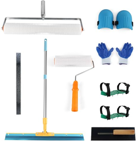 Kit De Herramientas Para Nivelar Cemento, Kit De Herramientas De AutonivelacióN De Cemento Con Raspador De 5 Mm, Llana Dentada, Zapatas Con PúAs, 4 Postes, Rodilleras Y Guantes