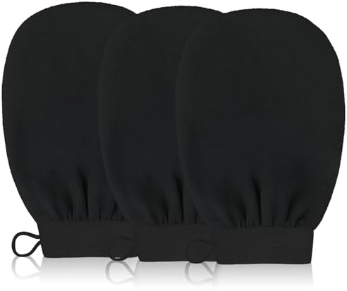 Set 3 Guanti Esfolianti – Guanto Scrub Nero e Guanto di Crine per Scrub e Depilazione, Spugna Doccia e Spugna Corpo per Uomo e Donna, Ideale per Cura del Corpo