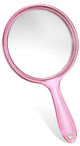 Zyghjort Espejo de mano con asa, doble cara 1X/5X, espejo de maquillaje de mano para mujer, tocador de viaje y aseo facial, grande, 8.2 x 4.1 pulgadas, rosa