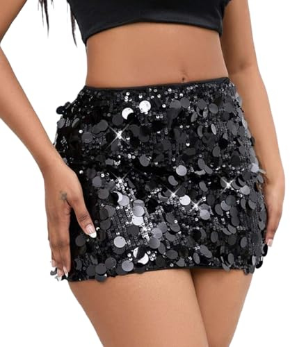MUNSKT Jupe à Paillettes pour Femme,Mini Jupe Moulante à Paillettes,Taille Élastique Paillettes Courte Jupes Carnaval Soirée Rave