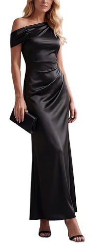 Ever-Pretty Abiti da Damigella Collo Asimmetrico Maniche Corte Satin Maxi Linea Dritta Nero 44