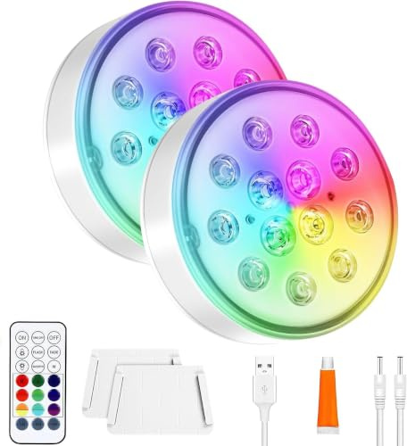 Submersible LED Pool Lights 2 Pack, IP68 Waterproof Rechargeable Underwater Lights with Remote, Timer Function Underwater Pool Light, 16 Colours Changing for Hot Tub, Pond, Aquarium, Bathtub, Party