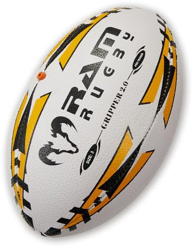 Ram Rugby Gripper 2.0 Trainingsball, England nr. 1, Handgenäht, 3D-Grip für Optimale Ballkontrolle, mit Doppelventil-Pumpe (Amber, Größe 3)