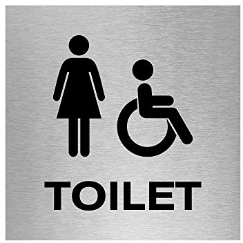 Slimline Aluminium Female Accessible Toilet Sign by ViroDisplay® – 150 x 150mm – 0.5mm Brushed Aluminium – Durable Printed Surface – Self-Adhesive Fixing for Doors