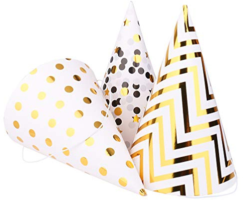 Boieo Party Hats Birthday Cone Set Gold Polka Dot Striped Paper for Adults Kids Happy Birthday Party Decorations 12 Pcs