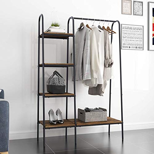 SDHYL - Perchero de acero y MDF con estantes de almacenamiento para zapatos, bolsos, armario abierto, 100 x 40 x 151 cm, perchero de 5 niveles, para salón, dormitorio, tiendas, color marrón negro