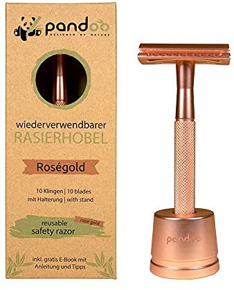pandoo Rasierhobel inkl. Halterung - Metall - Zero-Waste Rasierer - plastikfrei - Sicherheits-Rasierhobel - Safety Nassrasierer - Männer und Frauen (Rose)