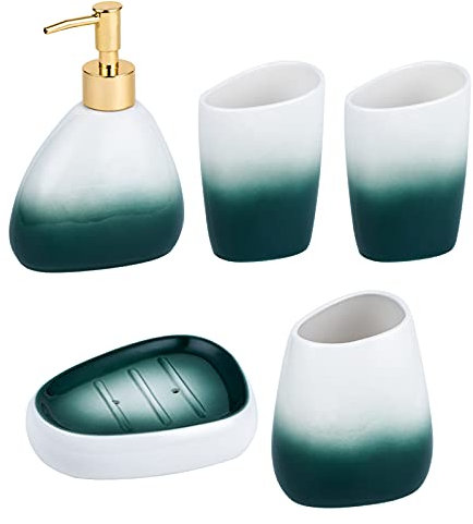 Tauzveok Badezimmerset Mit Farbverlauf Badeset Keramik Zubehör-Set Badaccessoires, Zahnputzbecher, Seifenspender, Zahnbürstenhalter, Seifenschale,Grün,5Pcs