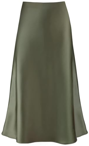 Modegal Falda Midi de satén para Mujer, Cintura Alta, Cintura elástica Oculta, Acampanada, Informal, Acampanada