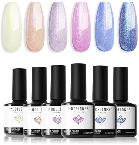 Modelones UV Nagellack, Gel Nagellack UV 6 Farben Chamäleon, Glitzer Rosa Blau Gelb für Frühling Sommer Soak Off Nail Polish French Manicure DIY zu Hause Geschenke, 7 ml