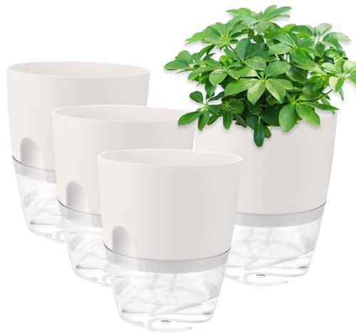 Oungy 4 Stück Blumentopf Selbstbewässernd, Selbstbewässerungstopf mit Wasserspeicher, 15.3 cm Kräutertopf Selbstbewässernd, Blumentopf Mit Bewässerungssystem für Innen Balkon Schlafzimmer (Weiß)