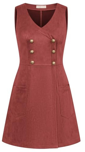 Belle Poque Damen V-Ausschnitt Midikleid Zweireihiges ärmelloses Trägerkleid Weinrot XXL