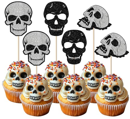 Xsstarmi 24 Pack Halloween Skull Cupcake Toppers Glitter Horror Skull Cupcake Picks Decorations for Halloween Theme Birthday Halloween Party Cake Decorations