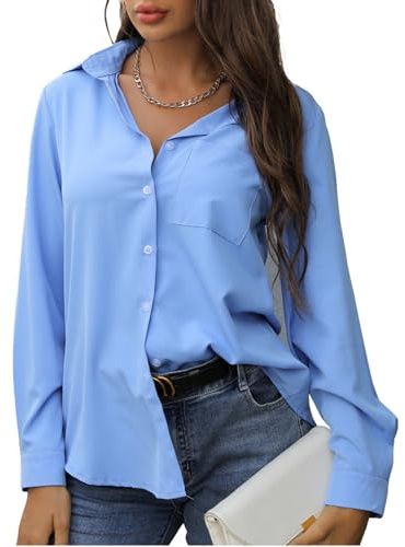 Camisas Mujer Verano Blusas Manga Larga Shirt Tops con Botones Camiseta Elegante Tunica con Cuello en Solapa y Bolsillos de Primavera y Verano