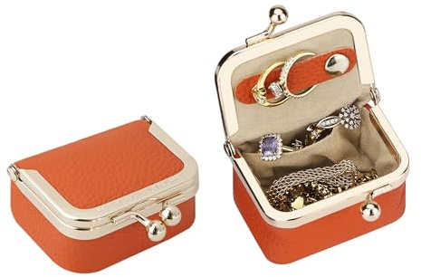 Royal Bagger Genuine Cow Leather Mini Jewelry Box Women's Coin Purse Solid Color Kiss Lock Change Pouch Casual Style Small Storage Bag for Women 1894 (Orange)