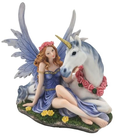 CAPRILO Figura Decorativa Fantasía de Resina Hada con Unicornio. Adornos y Esculturas. Decoración Hogar. Regalos Originales. 19 x 12,50 x 17,50 cm.