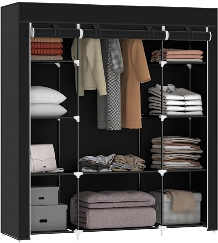 HOMCOM Armoire Penderie en Tissu, Meuble de Rangement avec Tringle à Vêtements et Étagères Ouvertes, Penderie Vêtement Dressing pour Chambre à Coucher, 150x43x162,5cm, Noir
