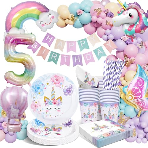 HLEIUKT Assiettes Anniversaire Licorne, 5 Ans Kit Deco Anniversaire Fille, Licorne Decoration Avec Ballon pour 5 Ans Fille Enfants 16 Invités