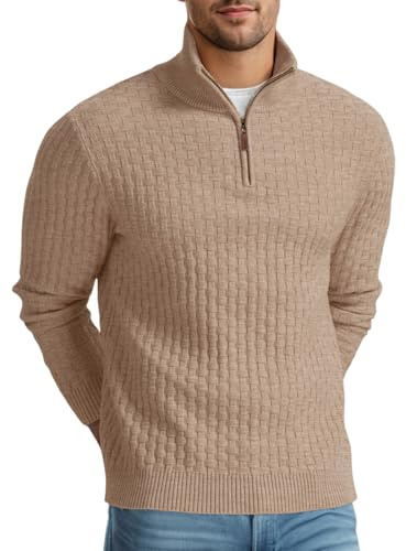 QIXING Jersey de punto para hombre, cuello medio, grueso, informal, con cremallera 1/4, caqui, XL