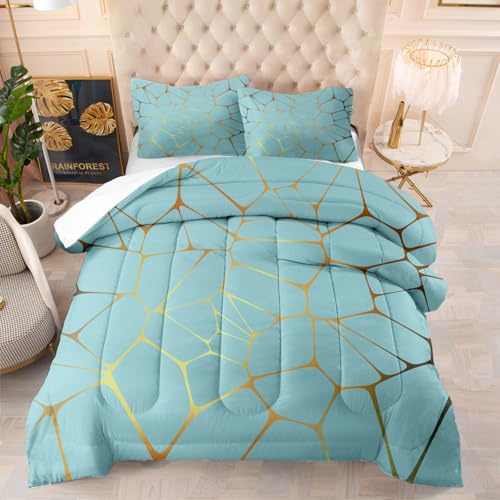 Edredon Cama 150 Geometría De Oro Turquesa Relleno Nordico Cama 150 Cálido y Cómodo con 2 Fundas de Almohada Relleno Nordico 4 Estaciones Transpirable Edredón Invierno Cama 150 (203x228 cm)