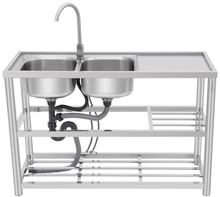 KANBCNG Doppelbecken Küchenspüle 120x45x80cm Doppel Spülbecken Freistehend Edelstahl Küchenspüle Gastro Doppelspüle Küche Doppelwaschbecken mit Wasserhahn Edelstahl Werkbank Spülbecken