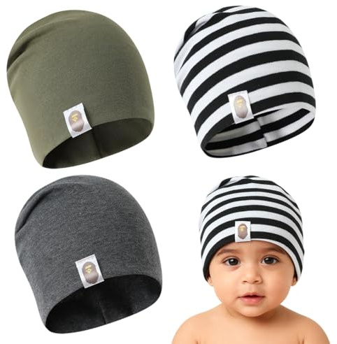 UIEXAY Bebé Beanie Sombrero, 3pcs Gorro de algodón para recién Nacido, para Gorro Niño Pequeño Sombrero, para Bebés Niñas Niños Gorros de 6 Meses a 2 años(Rayas Negras + Gris Verdoso + Gris Oscuro)