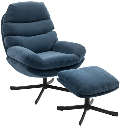 HOMCOM Relaxsessel mit Hocker Sessel Loungesessel mit Chenille-Optik breiter Sitzfläche Drehbar Polstersessel Armlehnensessel für Wohnzimmer, Schlafzimmer, Blau