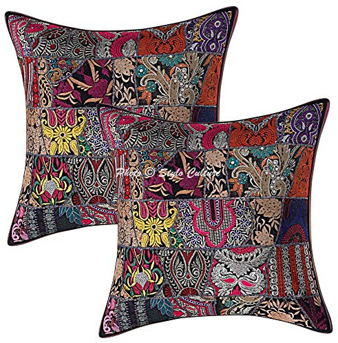 Stylo Culture Boho Forros para Cojines Decorativos 60x60 cm Algodón Abstracto Fundas De Almohadones Cama Negro 24x24 Inch Patchwork Vintage Cuadrado sobre Fundas para Los Cojines del Sofa - 2 Pcs