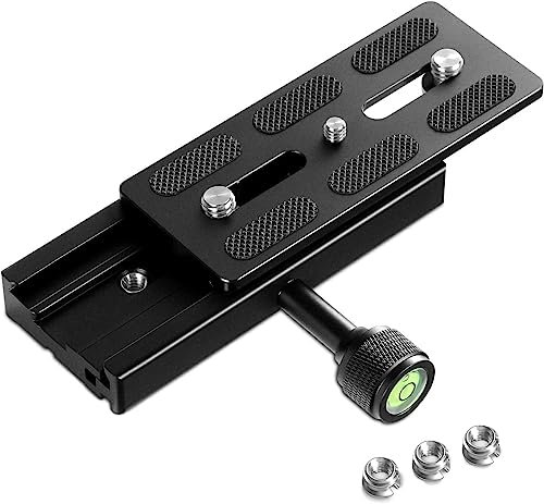 NEEWER Placa de Liberación Rápida con Juego de Abrazadera, Placa QR de 120mm con Adaptador,Tornillo de 3/8 1/4,Nivel de Burbuja, Rosca de 3/8 a 1/4,Compatible con Arca Swiss Monopie Trípode,QR120