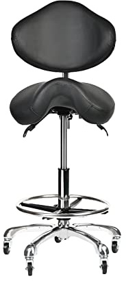 Cadiario Saddle Stool Rolling Chair Tall with Backrest Foot Rest Hydraulic Swivel Adjustable Height Ergonomic Tilt Thick Seat with Casters for Dental Hygienist Eyelash Technician Hairstylist Black