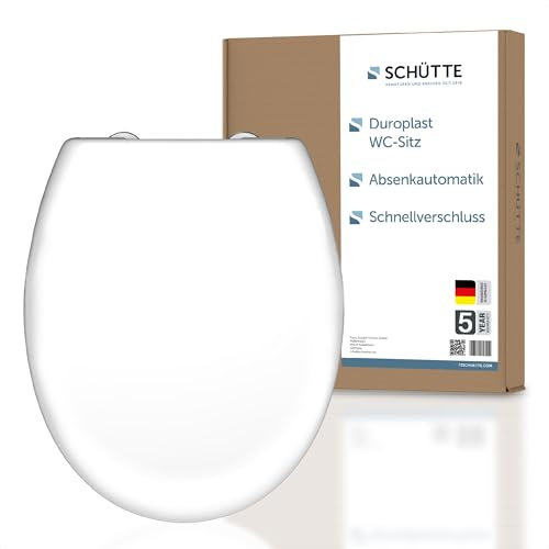 SCHÜTTE WC-Sitz mit Absenkautomatik, Abnehmbarer Klodeckel aus bruchsicherem Duroplast, Innovative DIY Montage durch Klebepads, Toilettendeckel und Brille bis 150 kg belastbar, Weiß