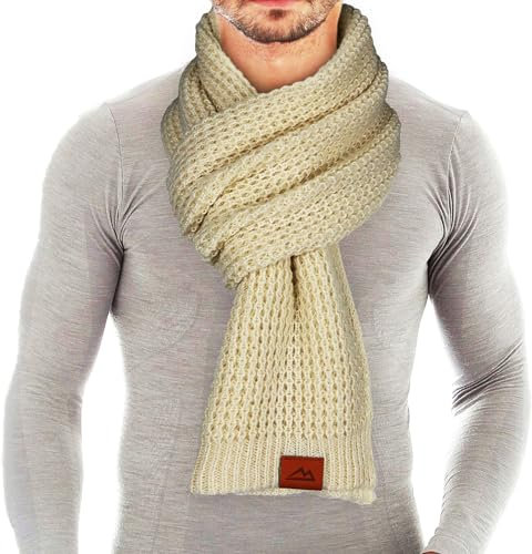 Loowoko Schal Herren damen,Klassische Waffel Strickschal,Winterschal Unisex Warmer Plüsch Schals,Langschal mit Echt-Leder Veredelung,Geschenk für Mann und Vater