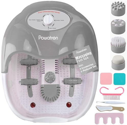 Powatron Foot Spa with Complete Pedicure Set - Electric Foot Bath Spa Massager Vibrating Massage Rollers Infrared Lights Nail Brush File Toe Separator Nail Buffing Block Cuticle Pusher